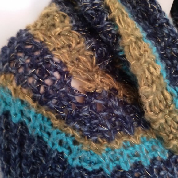 Gorgeous Cowl Neck Open Knit Chunky Sweater Turquoise Blue & Green W Gold Flecks - Picture 12 of 12